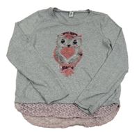 Šedé melírované úpletové triko se sovou z překlápěcích flitrů Yigga