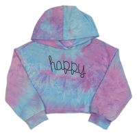 Tmavorůžovo-modrá batikovaná crop mikina s nápisem a kapucí Shein