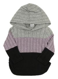 Šedo-lila-černé žebrované úpletové triko s kapucí