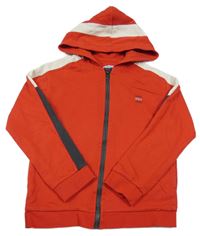 Červeno-béžovo-antracitová propínací mikina s nápisem a kapucí Mayoral