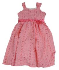 Tmavorůžovo-bílé kostkované šaty s výšivkami a mašlí