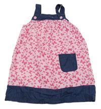 Růžovo-tmavomodré plátěné laclové šaty s motýly Kiki&Koko