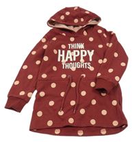 Vínové puntíkaté teplákové šaty s nápisem a kapucí Dopodopo