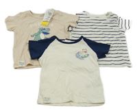 Nové - 3x tričko - béžové s dinosaurem + bílo-tmavomodré pruhované + smetanovo-tmavomodré s dinosaurem M&S