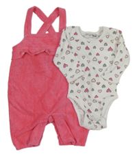 2 set - Bílé body se srdíčky + růžové sametové žebrované laclové tepláky Ergee