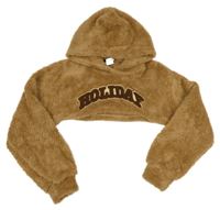 Hnědá chlupatá crop mikina s nápisem a kapucí SHEIN