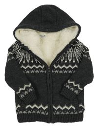 Tmavošedý vzorovaný zateplený propínací svetr s kapucí Tu