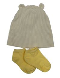 2 set - smetanová žebrovaná čepice + žluté nízké ponožky 