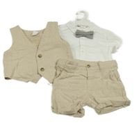 Nové - 3 set - světlebéžová lněná vesta + bílá košile + kraťasy H&M