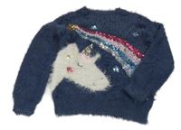 Tmavomodrý chlupatý svetr s jednorožcem a flitry F&F