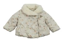 Smetanová šusťáková květovaná zimní bunda s králíčky a kožešinovým límcem John Lewis