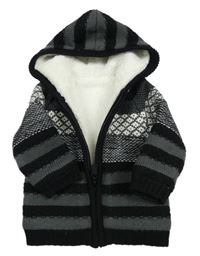 Černo-šedo-bílý pruhovaný propínací zateplený svetr s kapucí zn. Nutmeg