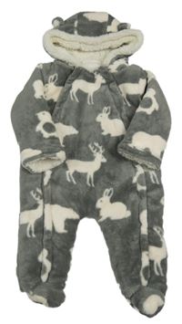 Šedo-bílá plyšová zateplená kombinéza se zvířátky a kapucí Lily & Jack