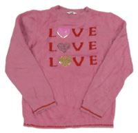 Růžový chlupatý svetr s nápisy a srdíčky M&Co.