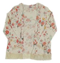 Bílo-růžový květovaný lehký cardigan s krajkou Dopodopo