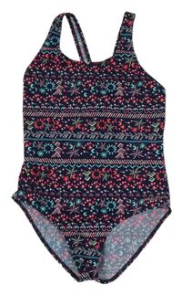 Tmavomodro-barevné vzorované jednodílné plavky 