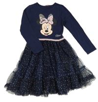 Tmavomodré šaty s Minnie a puntíkatou tylovou sukní 