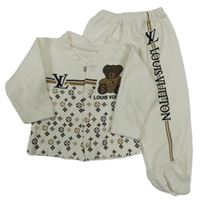 2set - Smetanovo-hnědá vzorovaná propínací mikina s medvídkem + polodupky s nápisem Louis Vuitton