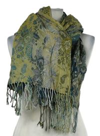 Dámská tmavomodro-béžová vzorovaná šála s třásněmi