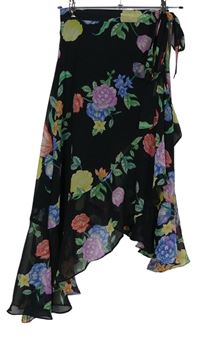 Dámská černá květovaná šifonová sukně s páskem a cípy Topshop vel. 32