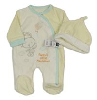 Nové - 2set- bílo-žlutý pruhovaný sametový overal s králíčkem+ čepice Dunnes