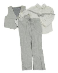 Nové - 4set- Bílá košile+ modro-bílé melírované slavnostní kalhoty+ vesta+ motýlek M&S