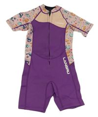 Fialovo-světlerůžový neopren s dinosaury a lístečky LANSRU