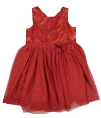 Červené saténovo/tylové slavnostní šaty s třpytkami a mašlí H&M