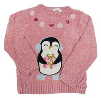 Růžový žinylkový svetr s tučňákem Primark