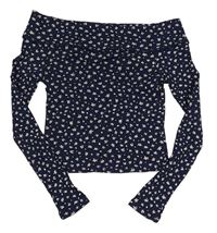 Tmavomodré žebrované crop triko s kytičkami a límcem H&M