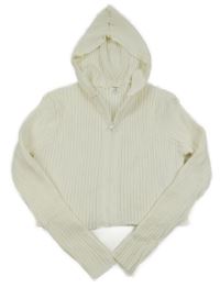 Smetanový žebrovaný crop propínací svetr s kapucí Shein