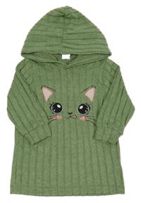 Zeleno-šedý melírovaný žebrovaný svetr s kočkou a kapucí 