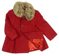 Červený flaušový podšitý kabát s mašličkami a kožešinovým límečkem F&F
