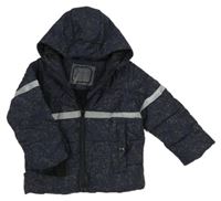 Tmavomodro/šedá skvrnitá prošívaná šusťáková zimní bunda s kapucí lupilu