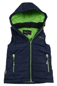 Tmavomodrá prošívaná šusťáková zateplená vesta s logem a odepínací kapucí TROLLKIDS