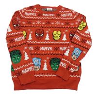 Červený vzorovaný svetr se superhrdiny a vánočním motivem Tu