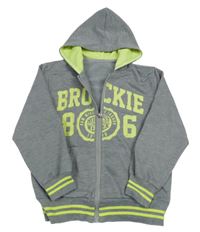 Šedá melírovaná propínací mikina s nápisem a číslem a pruhy a kapucí