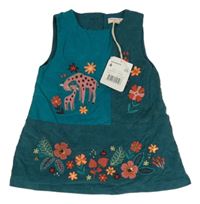 Nové - smaragdovo-modrozelené manšestrové šaty se žirafami a květy Du PareiL