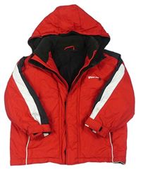 Červená šusťáková zimní bunda s nápisem a kapucí  