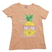Oranžové tričko s ananasem a nápisy Dopodopo