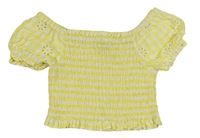 Žluto-bílé kostkované žabičkové crop tričko s madeirou Matalan