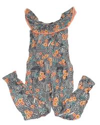 Bílo-tmavomodrý vzorovaný lehký kalhotový overal s květy a volánem Primark