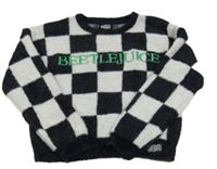 Černo-světlešedý kostkovaný chlupatý crop svetr s nápisem - Beetlejuice Primark