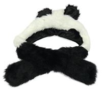 Bílo-černá kožešinová čepice s oušky a šálou - panda