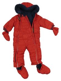 Červená prošívaná šusťáková zimní kombinéza s kapucí + rukavice + capáčky Mothercare