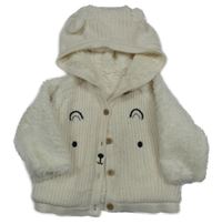 Smetanový svetrovo/chlupatý zateplený propínací svetr s medvědem a kapucí Nutmeg