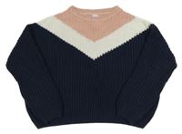 Tmavomodro-starorůžovo-bílý oversize svetr C&A