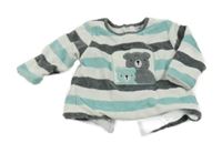 Bílo-zeleno-tmavošedá pruhovaná zateplená propínací mikina s medvědy