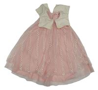 Růžové tylové šaty s květinami a límečkem LC Waikiki