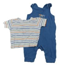 2set - Modré žebrované laclové tepláky s nápisem + bílo-barevné pruhované tričko DKNY